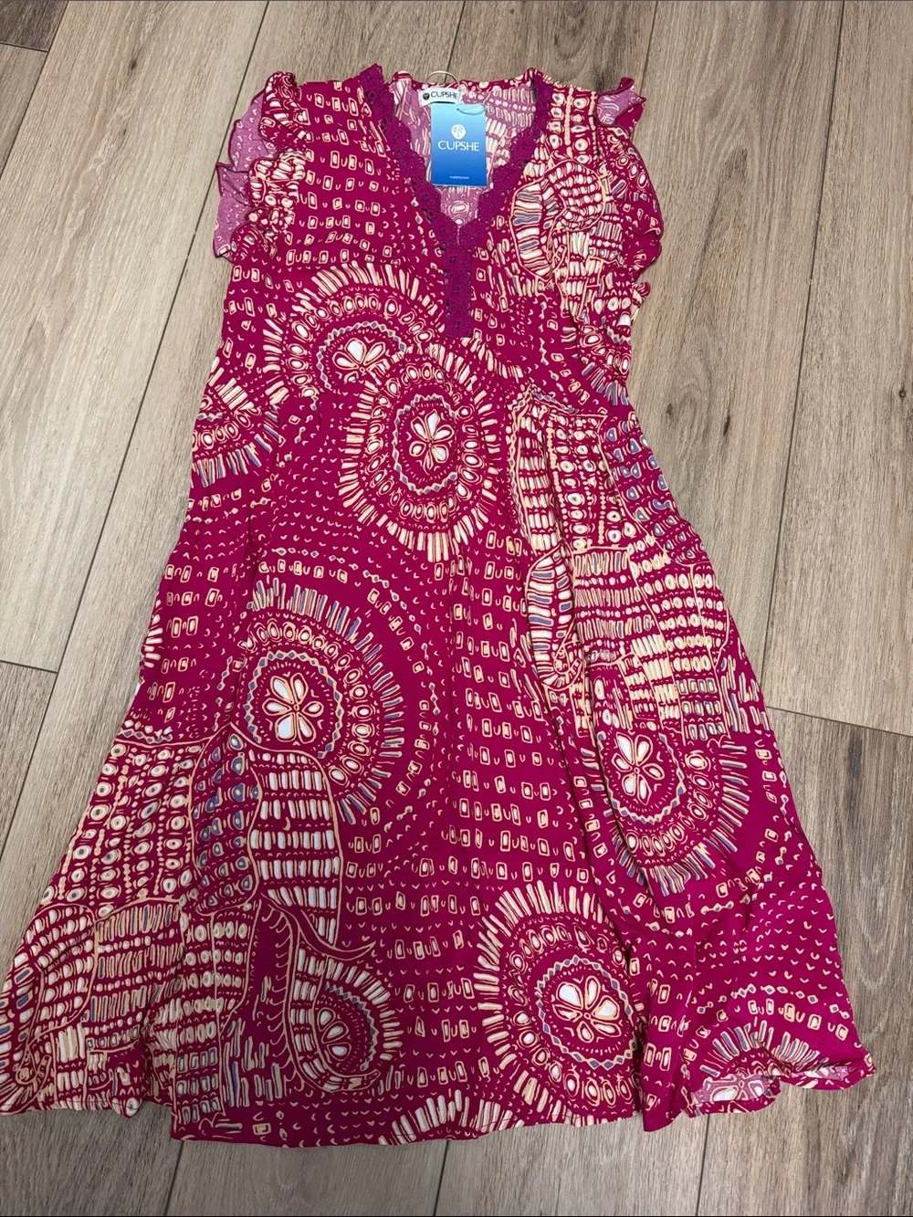 Cupshe NWT S maroon & tan boho Printed crochet neckline Swim Cover-Up mini Dress